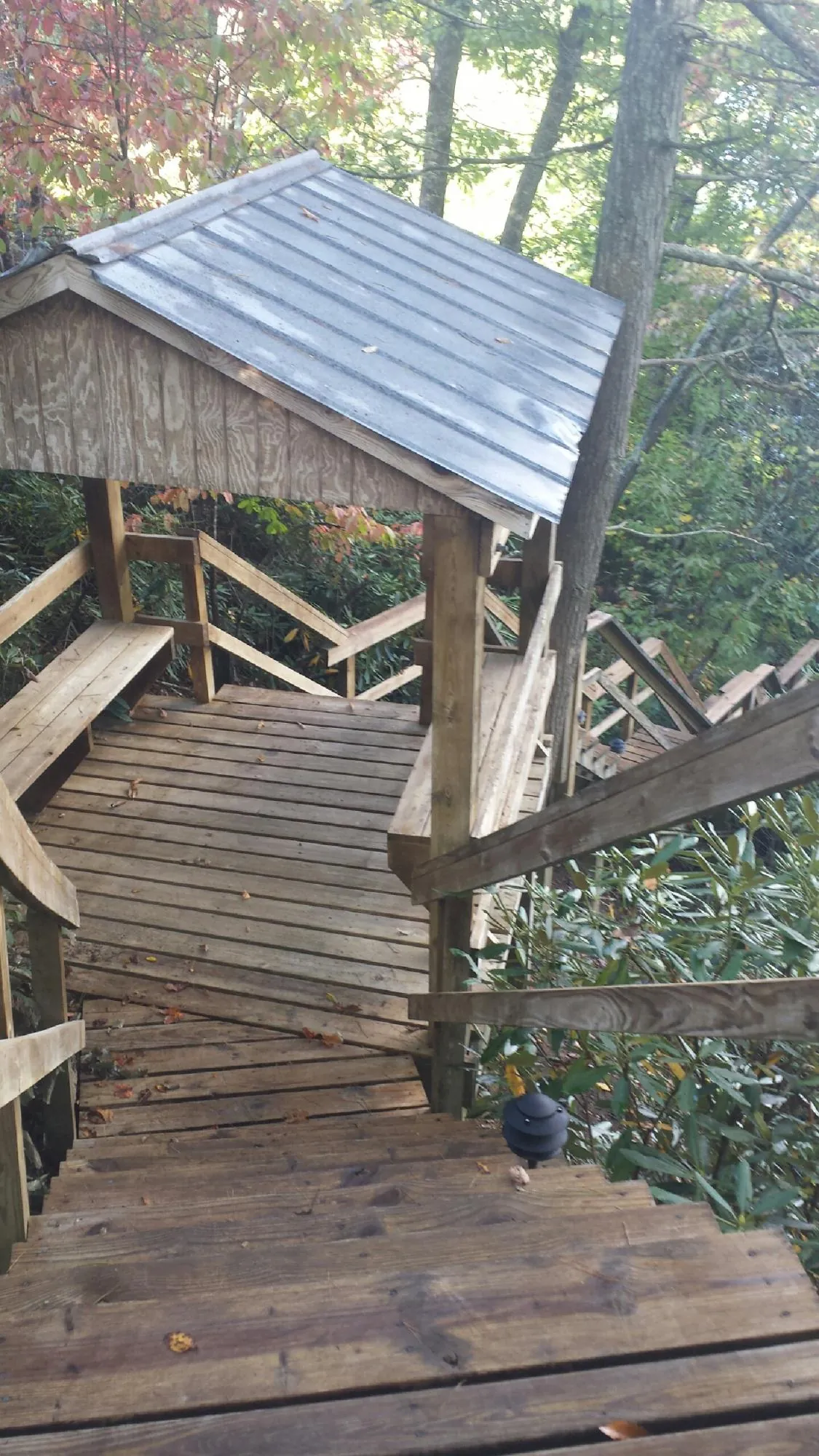 Metal roofed shelter over wooden steps on a wooded walkway — Skylight Repair & Installation work by our crew in Loraine